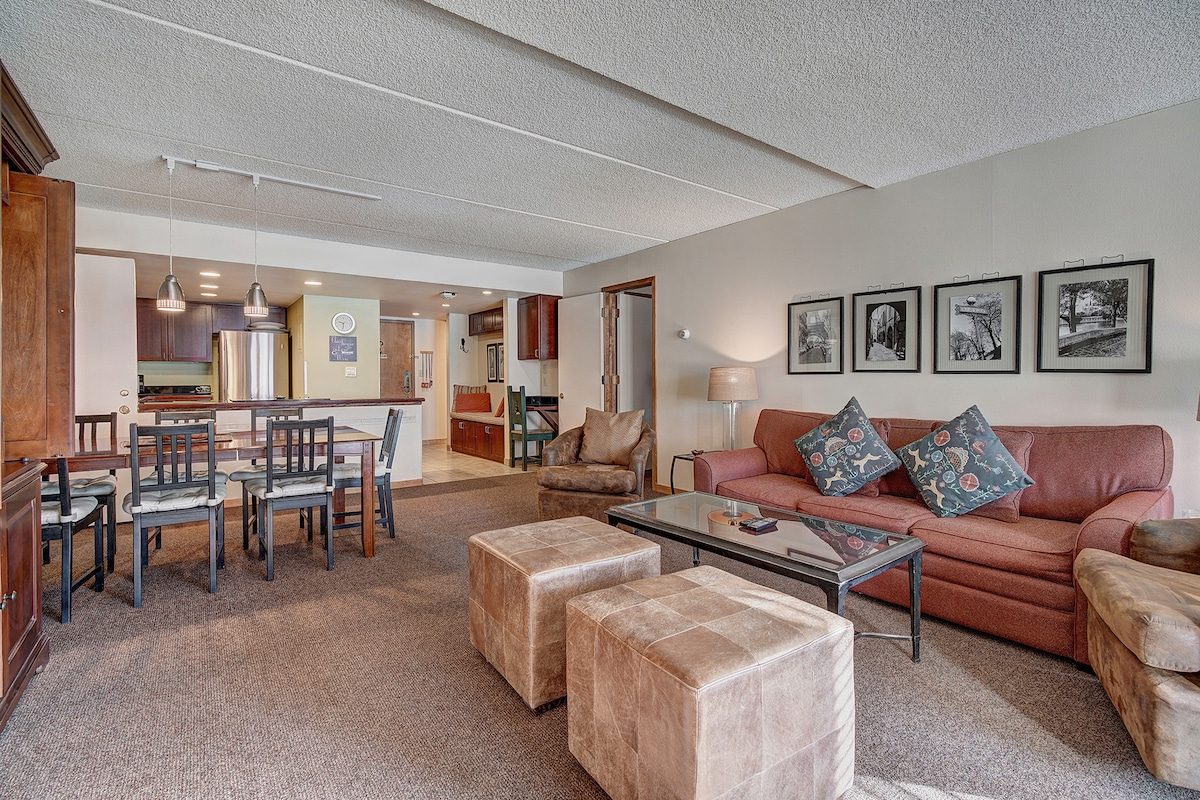 Dining table and living room in one long open space