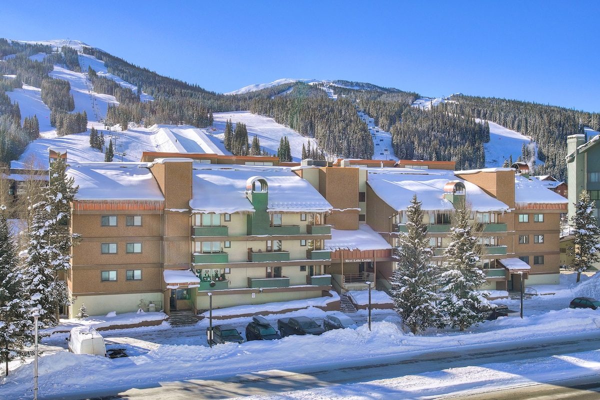 Copper Mountain trails above the lodge buildings in winter