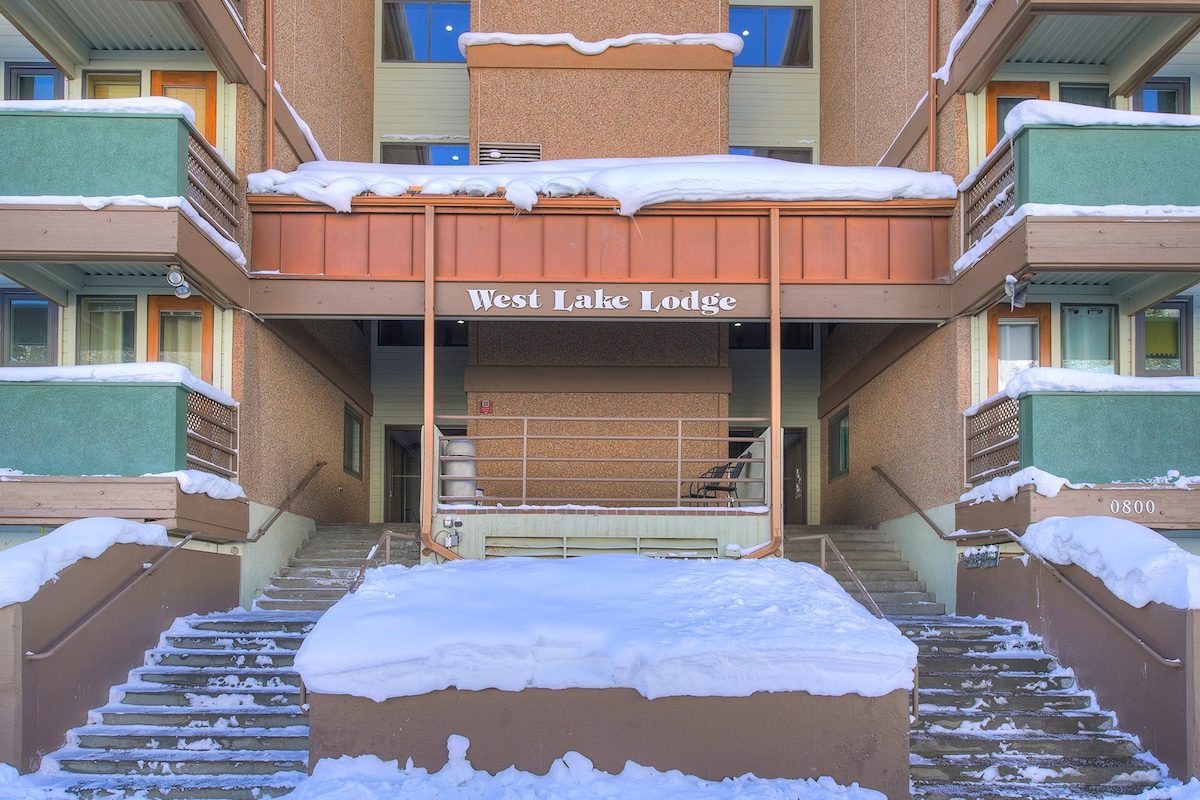 West Lake Lodge entrance and stairs under snow