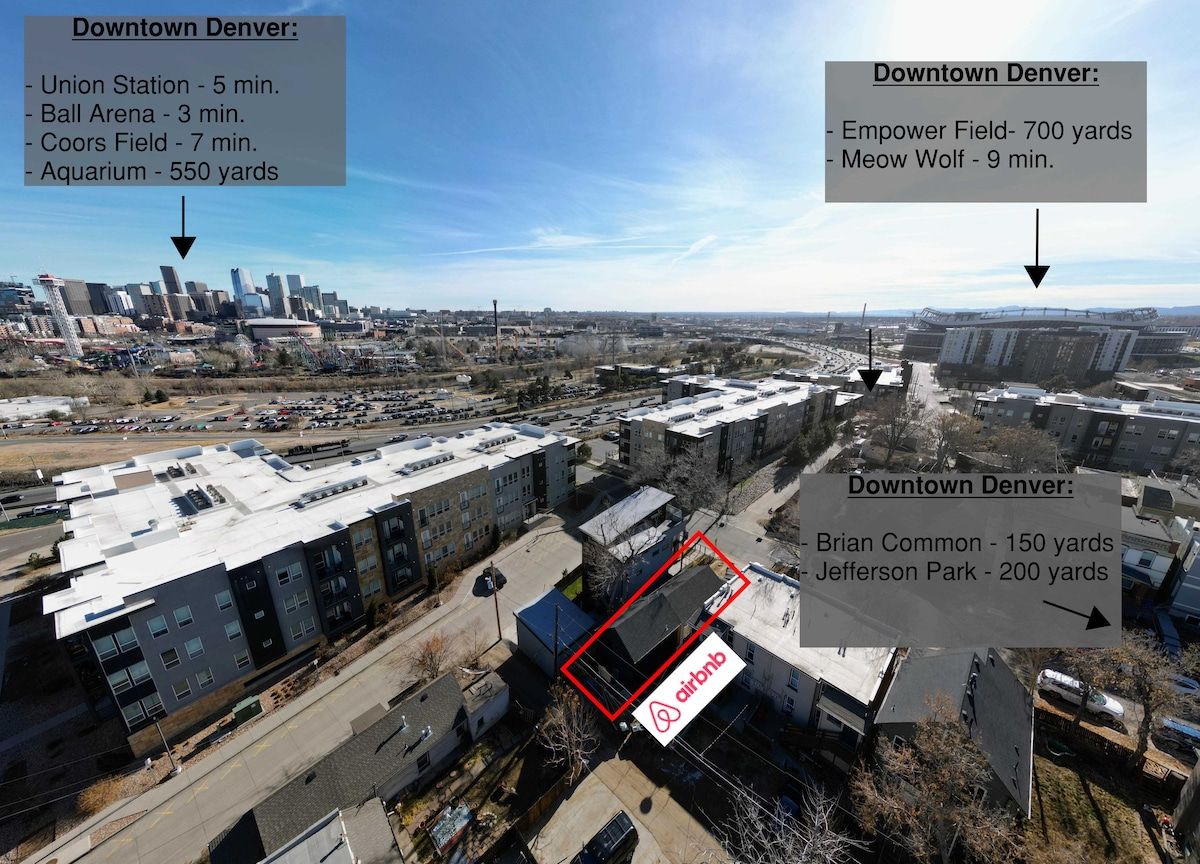 Aerial photo of the neighbourhood marked with distances from the house to Union Station, Ball Arena and Coors Field