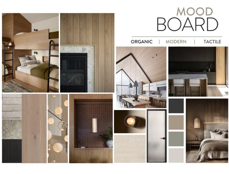 Design mood board for Lake Trail 7 — the stone, timber and glass material direction