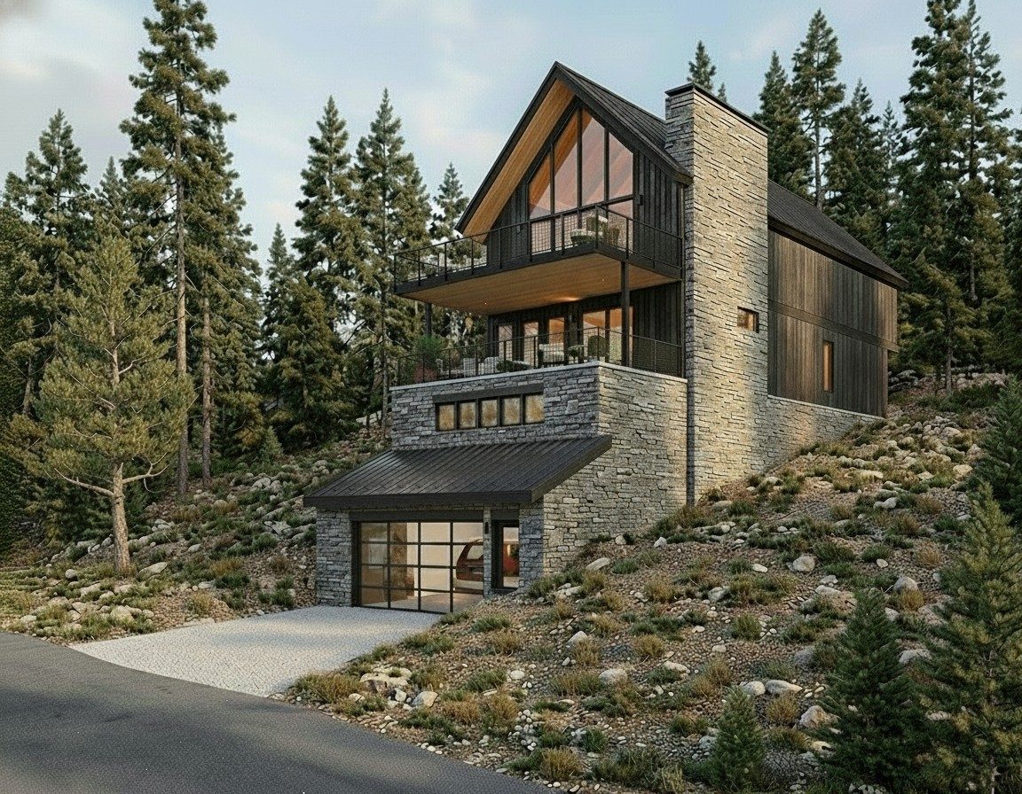 Architectural exterior rendering of Lake Trail 7 — a mountain-modern home of stone, timber and glass