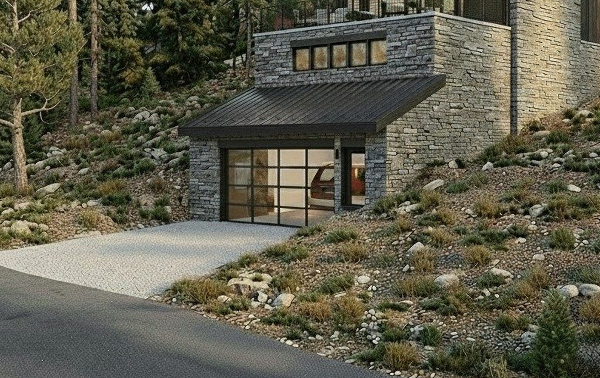 Rendering of the drive and garage level of Lake Trail 7 set into the rocky hillside